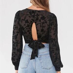 Forever 21 Blouse Womens S Black Velvet Burnout Floral Open Back Whimsigoth